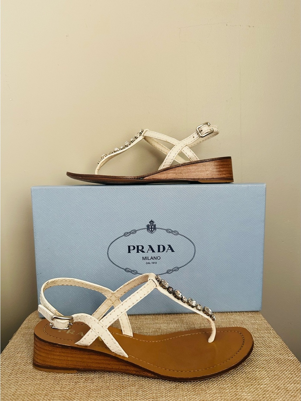 Prada / Swarovski Crystal White Leather Thong Wedge Sandals - 36.5/6.5